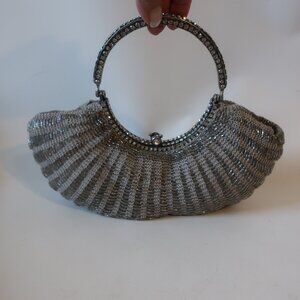Womens Clara Kasavina Silver Beaded Rhinestone Crystal Evening Handbag